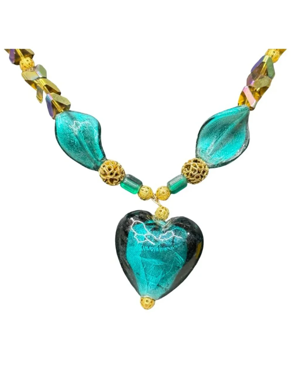 Vintage Green Glass Teal Heart Pendant Necklace AB Oil Spill Beads 24" Statement - Picture 2 of 10